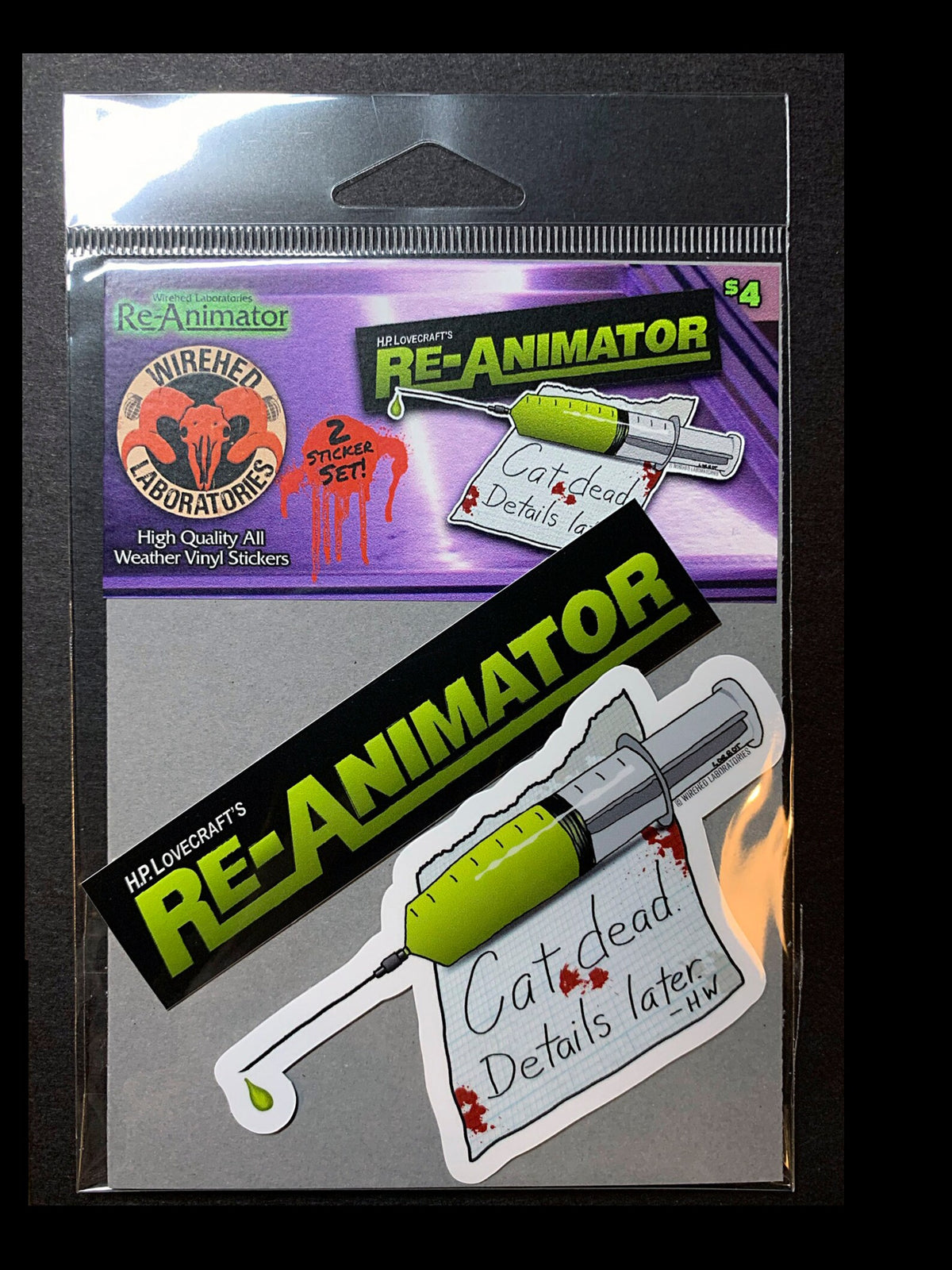 Re-animator Horror Movie Stickers! Die-cut, All Weather Vinyl Decals 4" TWO Sticker Set!