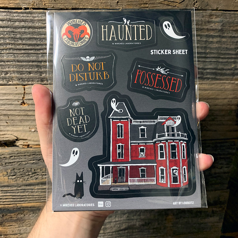 Haunted House Vinyl Sticker Sheet! 9 Spooky, Waterproof 5x7" Ghostly Goth Decals.